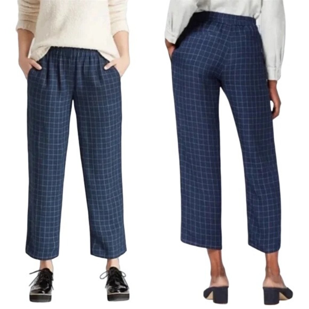 Eileen Fisher Tussah Silk Blue Check Straight Leg Ankle Pants Medium